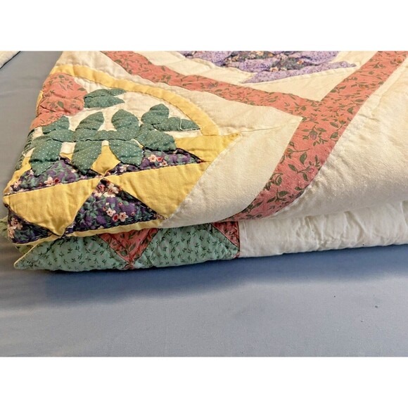 Vintage Patchwork Flower Quilt Handmade Hand Stitched Multicolor Full Size - Picture 10 of 10